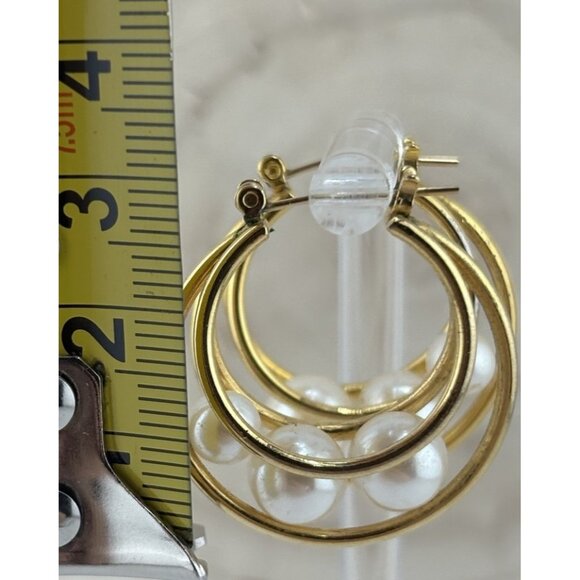 Vintage gold-tone hoop earrings with faux pearl beads -pierced - Picture 7 of 7